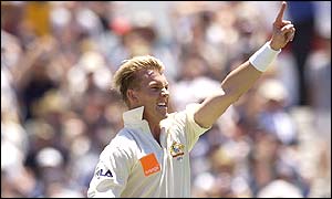 Australian bowler Brett Lee celebrates after bowling England opener Marcus Trescothick, who is caught by Adam Gilchrist for 34
