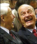 Boris Yelstin and Jacques Chirac share a laugh at the Davis Cup final