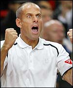 Guy Forget celebrates Mathieu's efforts