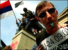 06/10/2000 - Serb celebrating Milosevic's resignation after rigged 24 Sept. elections