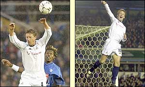 Spurs' Steffen Freud battles with Alou Cisse before Teddy Sheringham's first-half strike