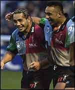 Harlequins hooker Tani Fuga celebrates scoring the opening try