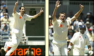 Jason Gillespie celebrates the wicket of England night watchman Richard Dawson and soon after Glenn McGrath bowls Mark Butcher