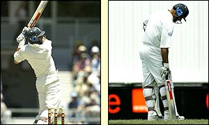 England captain Nasser Hussain hits out for four as he aims to steady the ship for the tourists after a dismal morning session in which they lost three wickets