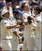 Australia celebrate the run-out of Vaughan