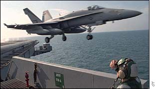 Jet takes off from US warship to patrol southern no-fly zone