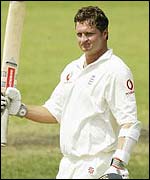 Robert Key raises his bat