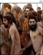 Naked holy men or 'Sadhus' at the site of the Saraswati