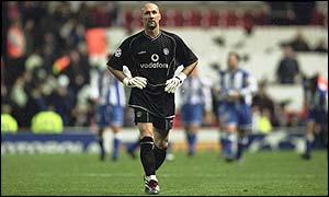 Fabien Barthez shows his disappointment after his mistakes allowed Deportivo a 2-0 Champions League win at Old Trafford