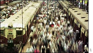 A crowded commuter station in Bombay
