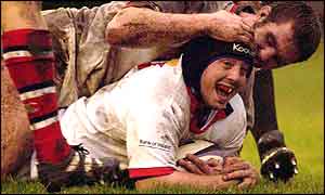 Ulster's replacement hooker Paul Shields is congratulated by number 8 Tony McWhirter after his try