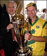 Steve Waugh holds a trophy