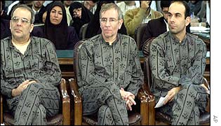 Abbas Abdi (left) Behrouz Geranpayeh and Hossein Qazian in court in Tehran