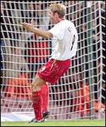 James Beattie celebrates his winner against West Ham