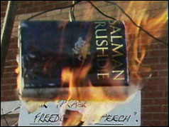Photograph of the Satanic Verses being burned in Bradford