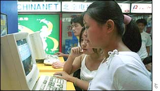 Schoolgirls in a cyber cafe in China