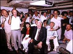 Hostages in Iraq with MP Edward Heath (centre) on day of release nine days ago