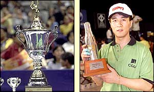Badminton's Asia Cup Trophy stands tall and not too graceful while the CGU Asian Bowling Tour Grand Slam Final trophy is a simpler affair 