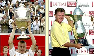 Lleyton Hewitt lifts tennis' Stella Artois Cup at Queens Club while golfer Ernie Els 