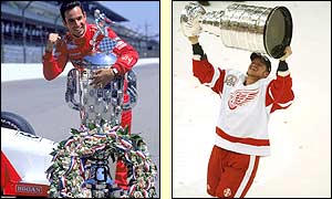 2001 Indy 500 winner Helio Castroneves wonders how he'll get the trophy home as the Detroit Red Wings lift the NHL's bulky Stanley Cup 