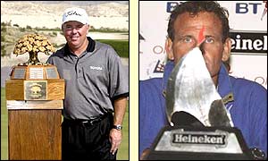 Golfer Mark O'Meara is awarded with the unique skins trophy and Ross Field with the Heineken trophy after completing the Whitbread round the world yacht race