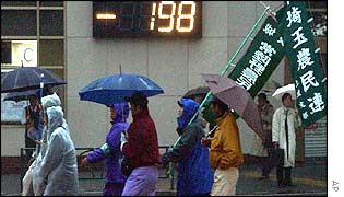 Japanese farmers demonstrate in a damp Tokyo in front of a board showing the Nikkei's decline