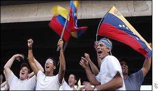Anti-Chavez protesters, blocked from reaching the main offices of Petroleos de Venezuela 