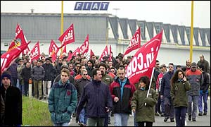 Fiat workers outside the factory in Turin 