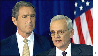 Outgoing US Treasury Secretary Paul O'Neill with George W Bush
