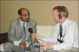 Ethiopian Prime Minister Meles Zenawi (left) being interviewed by Martin Plaut