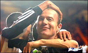 Alan Shearer celebrates scoring for Newcastle