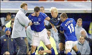 David Unsworth is red-carded after a fracas with Jesper Gronkjaer 