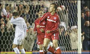 Szilard Nemeth gets an equaliser for Middlesborough 