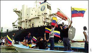 Opposition protesters/oil tanker Pilin Leon moored in Maracaibo Lake