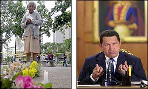 Woman prays near site where demonstrator was killed in Caracas shooting/President Chavez addresses media (AP photos)
