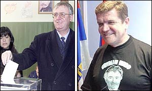 Left picture: Leader of ultra-nationalist Serbian Radical Party Vojislav Seselj votes. (AP) Right picture: Borislav Pelevic, the president of the Party of Serbian Unity. 