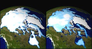 Sea ice, Nasa - Arctic sea ice extent from (LEFT) 1 Jan, 1990, and (RIGHT) 1 Jan, 1999, respectively.