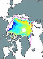 Ken Knowles/NSIDC - The white circle at the North Pole is the area not imaged by the satellite sensor.