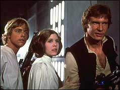 Luke Skywalker (Mark Hamill), Princess Leia (Carrie Fisher), and Han Solo (Harrison Ford) onboard the Death Star in the film Star Wars