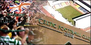 Graphic of fans, Parkhead and aerial view of Ibrox