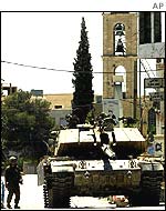 Israeli tank in the village of Beit Sahour near Bethlehem