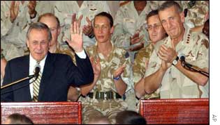 Donald Rumsfeld and General Tommy Franks in Qatar