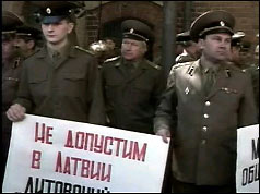 Russian soldiers demonstrate outside the Latvian parliament