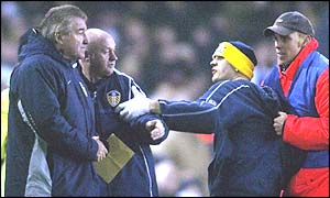 Manager Terry Venables is shouted at by a Leeds fan