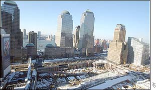 A thin layer of snow covers the ground at the site of the World Trade Center in New York 