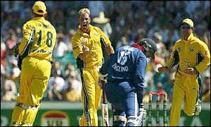 Shane Warne celebrates bowling Ronnie Irani