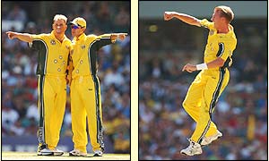 Shane Warne and Ricky Ponting talk tactics and Brett Lee celebrates a wicket