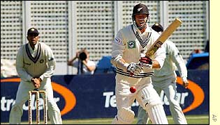 New Zealand's Mark Richardson looks on after playing a defensive shot