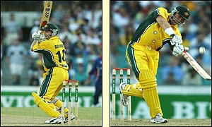 Hayden and Gilchrist quickly notch up a century partnership and do the groundwork for a seven-wicket win for the Aussies