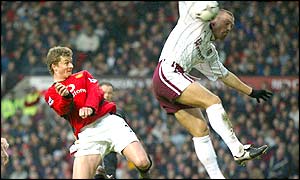 Ole Gunnar Solskjaer's opens the scoring for Man Utd after hi header is deflected off West Ham's Tomas Repka